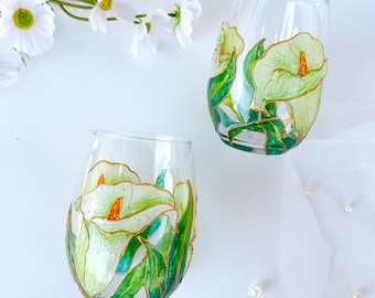 Handpainted Calla Lily Stemless Single Wine Glass | Floral Drinkware, Bridesmaids Gift for Her, Wedding Anniversary Gift