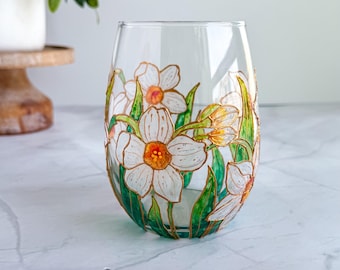 Hand-Painted Daffodil Stemless Wine Glass, March Birth Flower Birthday Gift