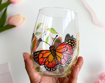 Hand-Painted Monarch Butterflies Wine Glass | Red Orange Yellow Wings with White Flowers