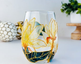 White Magnolia Flower, Stemless Single Wine Glass, Textured glass, Gift for Mom, Floral Design Cup, Elegant Modern Vintage Chic Wedding Gift