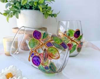 Hand-Painted Olive Branch Single Stemless Wine Glass | Mediterranean Barware