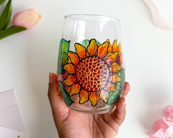 Hand-Painted Sunflower Single Stemless Wine Glass | Floral Drinkware