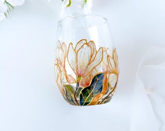 Handpainted White Magnolia Stemless Single Wine Glass | Southern Flower Drinkware, Bridesmaids Gift, Wedding Gift for Her
