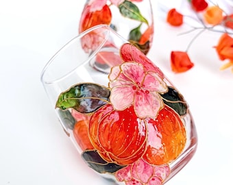 Hand-Painted Peach and Blossoms Single Stemless Wine Glass | Fall Colors Floral Drinkware