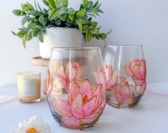 Hand-Painted Pink Magnolia Stemless Wine Glass, Floral Drinkware