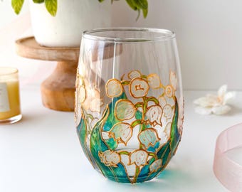 Handpainted White Lily of the Valley Wine Glass | Mother's Day Gift, Stemless Floral Barware