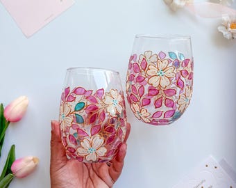 Hand-Painted White, Magenta, Teal Single Stemless Wine Glass | Floral Drinkware