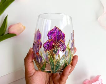 Hand-Painted Purple Irises Stemless Wine Glass | Stained Glass Style, Garden lover
