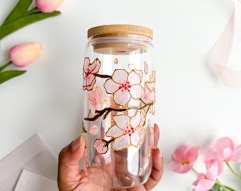 Hand-Painted Cherry Blossom Glass Can Cup with Bamboo Lid, Iced Coffee Glass