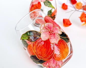 Hand-Painted Peach and Blossoms Single Stemless Wine Glass | Fall Colors Floral Drinkware