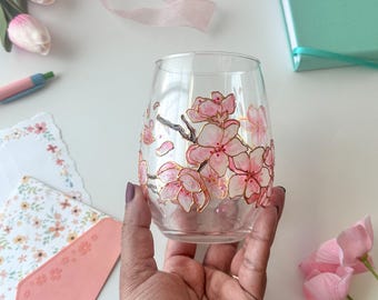 Handpainted Cherry Blossom Single Stemless Wine Glass, Unique Kitchen Decor