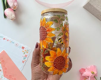 Hand-Painted Sunflower Can Glass with Straw & Bamboo Lid