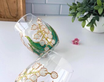 Handpainted White Lily of the Valley Wine Glass | Mother's Day Gift, Stemless Floral Barware