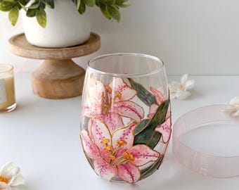 Handpainted Pink Lily Wine Glass | Mother's Day Gift, Floral Barware, Housewarming Gift, Home Decor