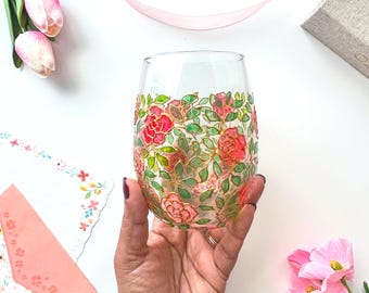 Handpainted Stained Glass Style Red Rose Stemless Wine Glass | Floral Deco Gift