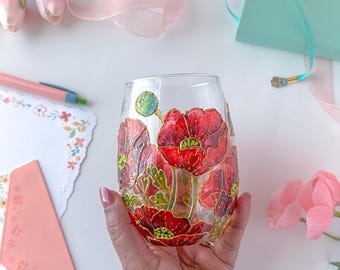 Hand-painted Red Poppy Stemless Wine Glass, Floral Drinkware