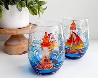 Hand-Painted Stained Glass Style Seascape Glass | Nautical theme| Beach Decor
