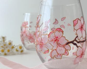 Handpainted Cherry Blossom Single Stemless Wine Glass, Unique Kitchen Decor