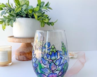 Hand-Painted Bluebonnet Wildflower Single Stemless Wine Glass | Floral Drinkware | Texas State Flower
