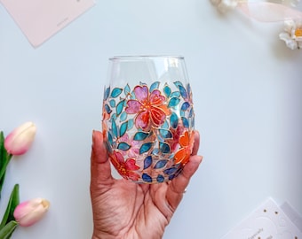 Hand-Painted Magenta, Teal, Orange Single Stemless Wine Glass | Floral Drinkware