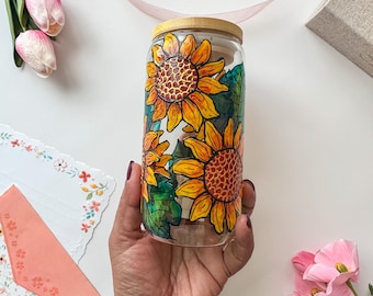 Hand-Painted Stained Glass Sunflower Can Glass with Bamboo Lid & Glass Straw