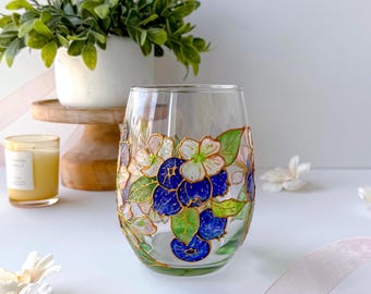 Hand-Painted Blueberry Stemless Wine Glass | Fruity Floral Design