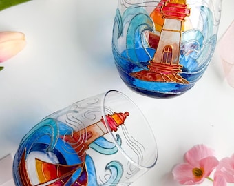 Hand-Painted Stained Glass Style Oceanscape Glass | Boat and Lighthouse| Summer Beach Party