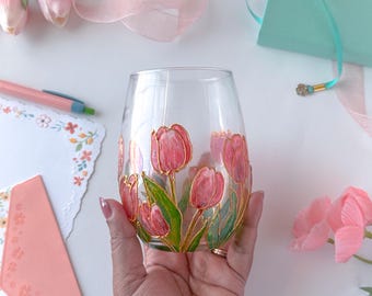 Handpainted Pink Tulip Stemless Wine Glass | Floral Drinkware