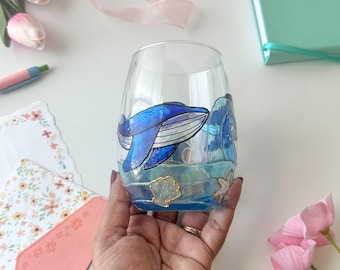 Hand-Painted Blue Whale Stemless Wine Glass | Beach Theme Drinkware