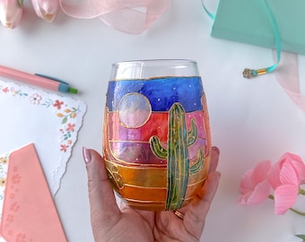 Hand-Painted Arizona Desert Wine Glass | Starry Night Gift