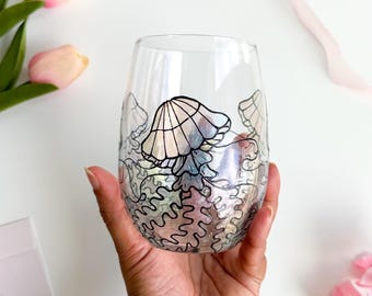 Hand-Painted Iridescent Stained Glass Style Jellyfish Glass | Holographic Glitter Underwater Creatures