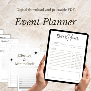 May include: A digital event planner displayed on a tablet, with the title "Event Planner" in elegant script. Additional pages include "Vendor Contacts," "Seating Chart," and "Payment Tracker." The design is effective and minimalistic.