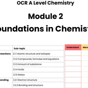 Pode incluir: Um gráfico branco com o texto "OCR A Level Chemistry Module 2 Foundations in Chemistry". Uma tabela lista tópicos e subtópicos, incluindo "Átomos e reações" e "Elétrons, ligação e estrutura".