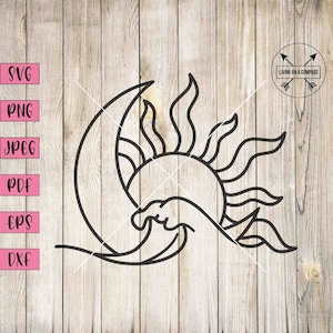 May include: A black and white line art design of a sun and moon with a wave in between. The sun has rays and the moon is a crescent shape.