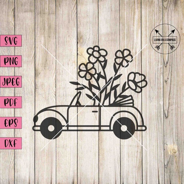 Car svg, floral car, car png, car decal, top down car, convertible, hippie car, retro car, vintage car, vacation svg, travel stickers, dxf