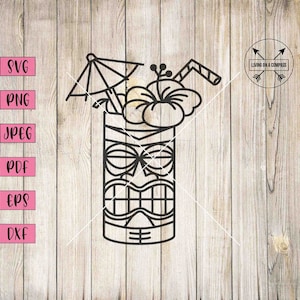 May include: Black and white line art illustration of a tiki cocktail glass with a flower, umbrella, and straw. The text "Living on a Compass" is in the upper right corner of the image.