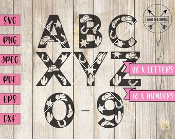 A-Z & 0-9 Cowboy Alphabet, western font letters,western alphabet svg, wild west letters, sheriff alphabet, monogram font svg, big letters
