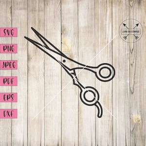 May include: A black and white line drawing of a pair of scissors on a woodgrain background. The scissors are open and the blades are pointed.