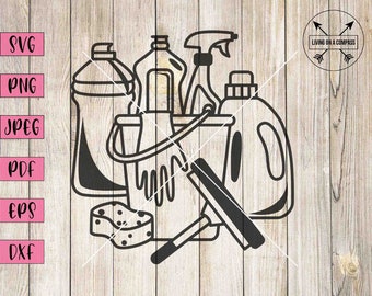 May include: Black and white line art illustration of cleaning supplies, including a bucket, spray bottles, a sponge, and a squeegee. The image is set against a woodgrain background.