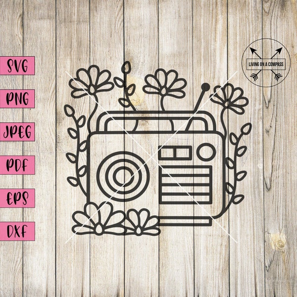 Floral radio svg, retro radio, music svg, music wall art, music clipart, music art, music print, flowers svg, floral svg, laser cut, dxf