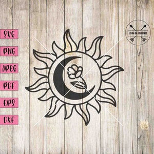 Sole e luna svg, luna floreale, sole floreale, sole svg, luna svg, sole png, luna png, arte della parete sole e luna, stampa sole e luna, arte sole e luna
