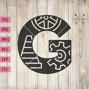 Letra g mecânica svg, carro svg, letras mdf, letras dxf, estênceis de letras, letras de vinil personalizadas, letras de vinil personalizadas, impressão de letras
