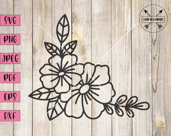 May include: Black and white floral corner design with three flowers and leaves. The design is perfect for crafting projects, scrapbooking, and digital design.