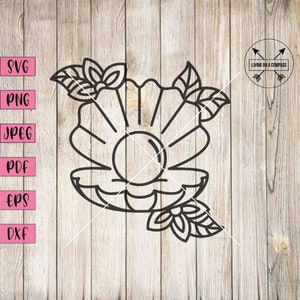 May include: A black and white line drawing of a seashell with a pearl inside. The seashell is surrounded by floral designs.