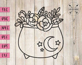 Witch cauldron svg, cauldron png, floral cauldron, witchcraft stickers, witch clipart, witch decor, witchy decal, halloween clipart, cricut