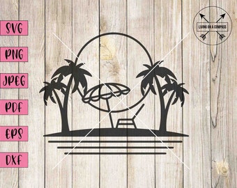 Op de afbeelding: Zwart silhouet van een strandscène met palmbomen, een ligstoel en een parasol onder een grote cirkel, mogelijk de zon voorstellend. De tekst "Living on a Compass" staat in een cirkel met pijlen. De afbeelding bevat ook bestandstype labels.