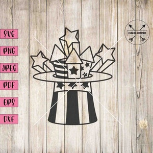 May include: A black and white illustration of a top hat with stars and stripes, representing the American flag, with fireworks exploding from the top.