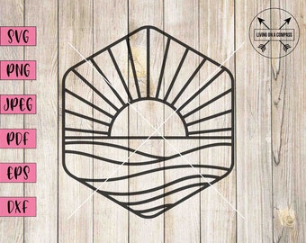 May include: Black line art design of a sunrise over water, contained within a hexagonal shape. The image includes the text "SVG, PNG, JPEG, PDF, EPS, DXF" on the left and "Living on a Compass" on the right.