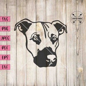 May include: Black and white silhouette of a dog's head with large ears, looking directly at the viewer. The dog has a short, blunt snout and a serious expression.