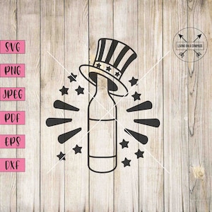 Puede incluir: Una ilustración en blanco y negro de una botella de vino con un sombrero de Tío Sam rojo, blanco y azul en la parte superior. La botella está rodeada de estrellas y destellos de luz, que se asemejan a fuegos artificiales.